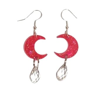 Hot Pink Glitter Moons with Crystal Tear Drops, Sterling Silver - LumiFae