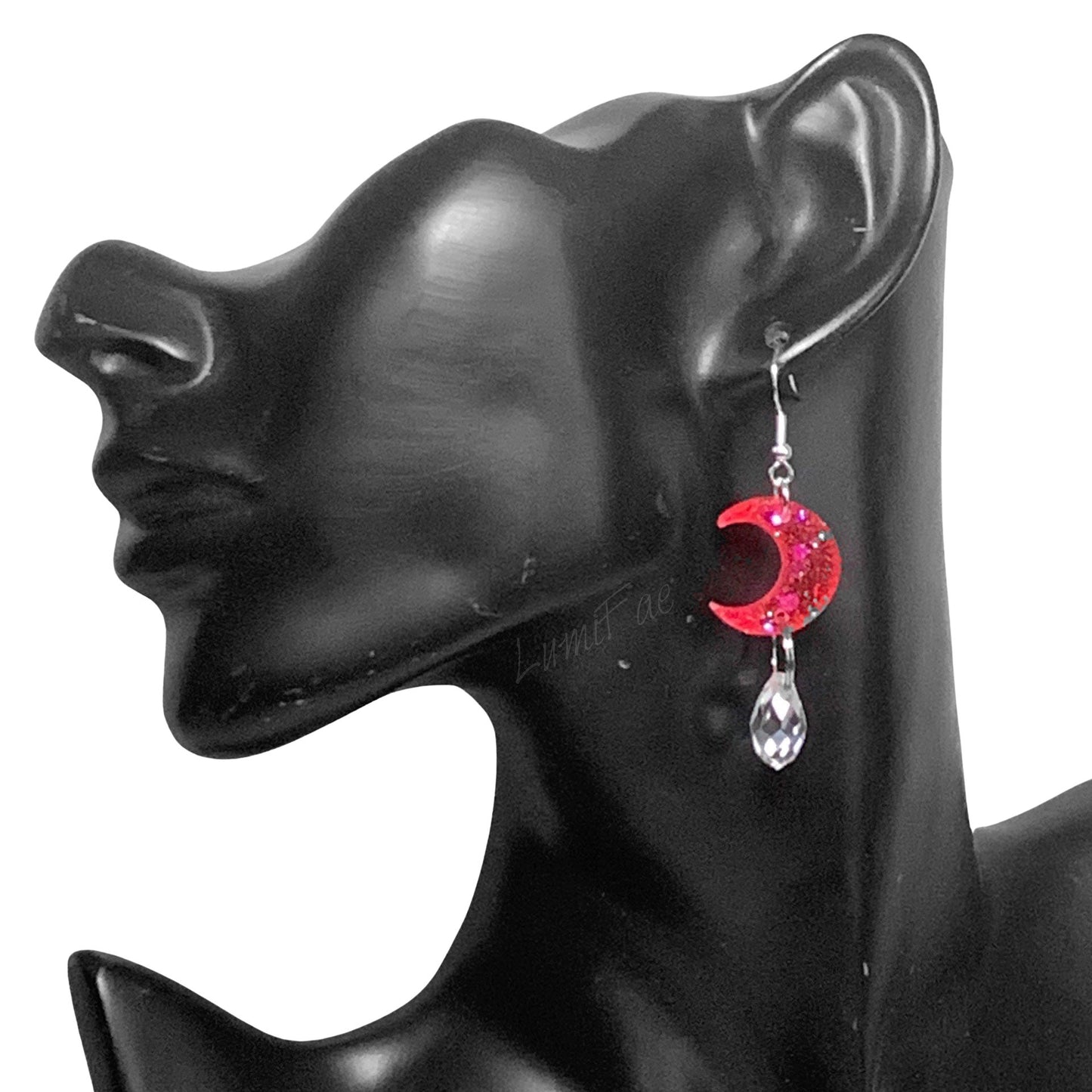 Hot Pink Glitter Moons with Crystal Tear Drops, Sterling Silver - LumiFae
