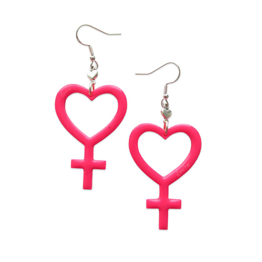 Hot Pink Heart Female Symbol Sterling Silver Earrings, Girl Power - LumiFae