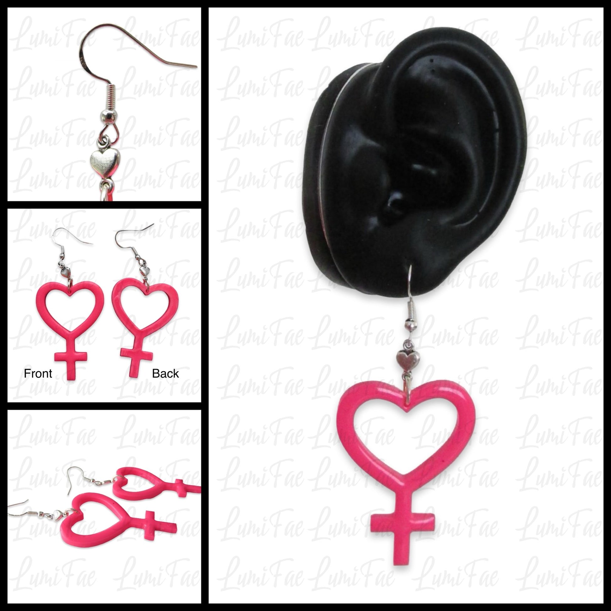 Hot Pink Heart Female Symbol Sterling Silver Earrings, Girl Power - LumiFae
