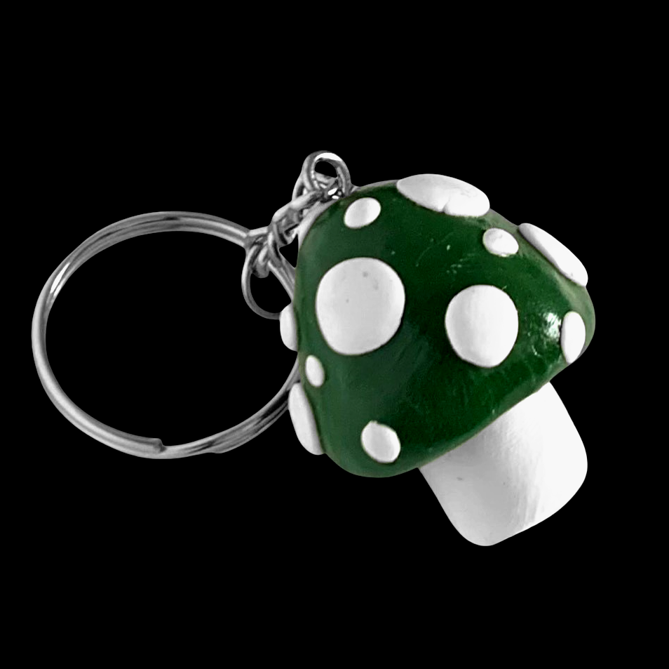 Forest Green White Spotted Mushroom Keychains, cartoon, cute, stylized
