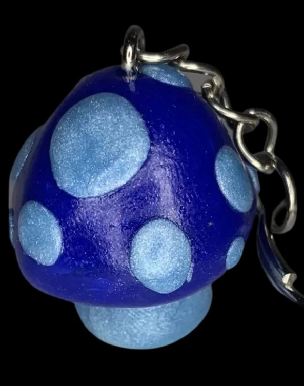 Dark Blue and Shimmer Light Blue Monochromatic Spotted Mushroom Keychains, cartoon, stylized, cute