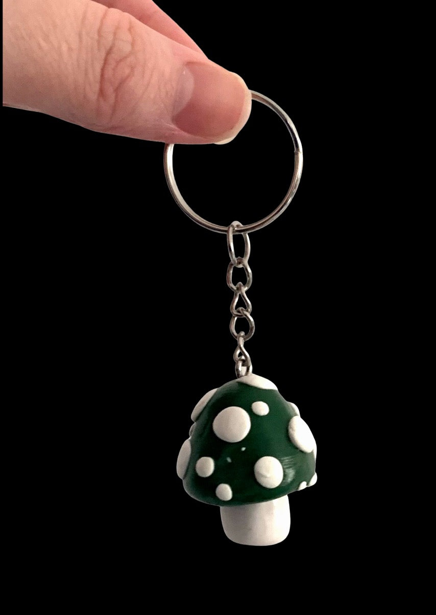 Forest Green White Spotted Mushroom Keychains, cartoon, cute, stylized