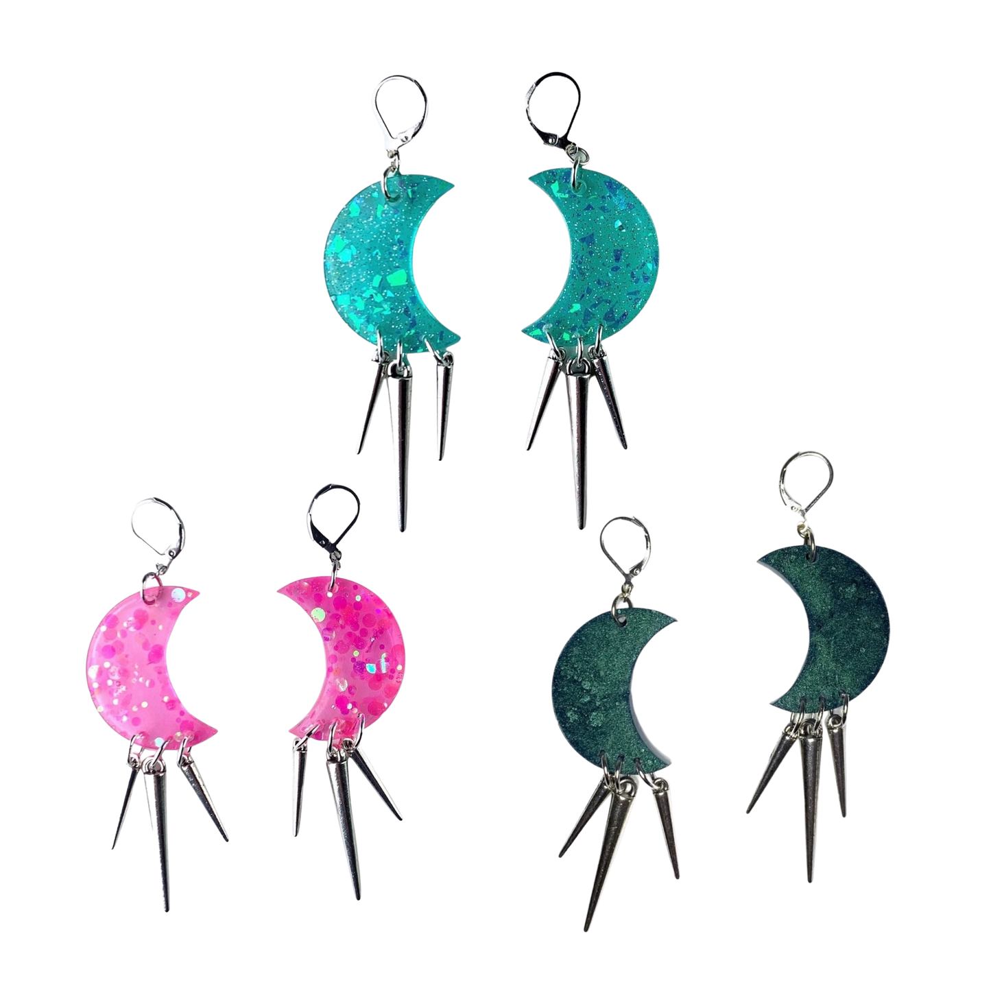 Teal Glitter Moon Earrings with Spikes