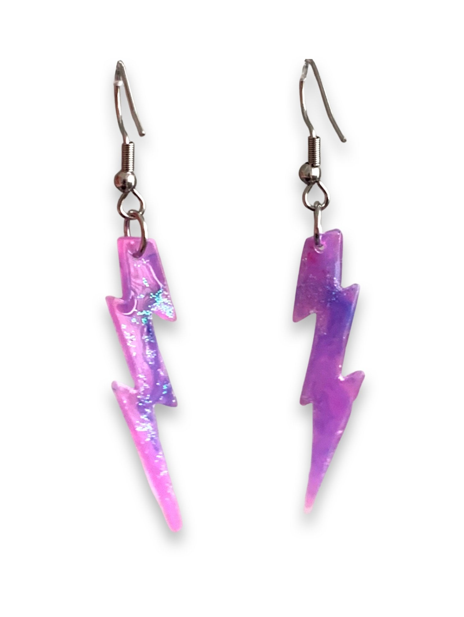 Small Sparkly Purple Pink Galaxy Lightning Bolt Earrings - LumiFae