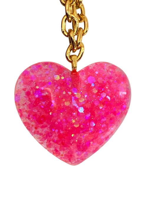 Big Pink Sparkly Heart Pendant on Lightweight Gold Aluminum Chain, 2” -- flawed --