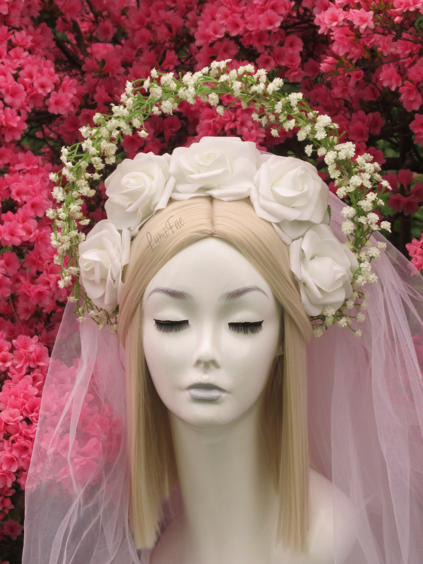 Glowing White Roses and Baby’s Breath Halo, Fairytale Bridal Crown