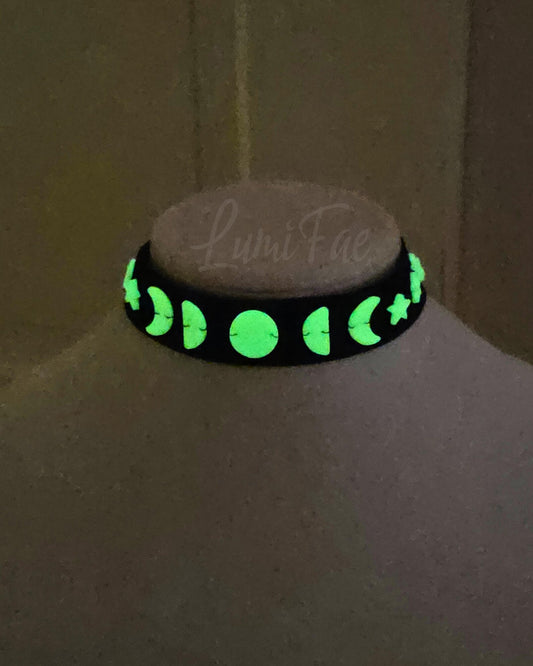 Glow in the Dark Moon Phases Velvet Choker, black, adjustable, handmade - LumiFae