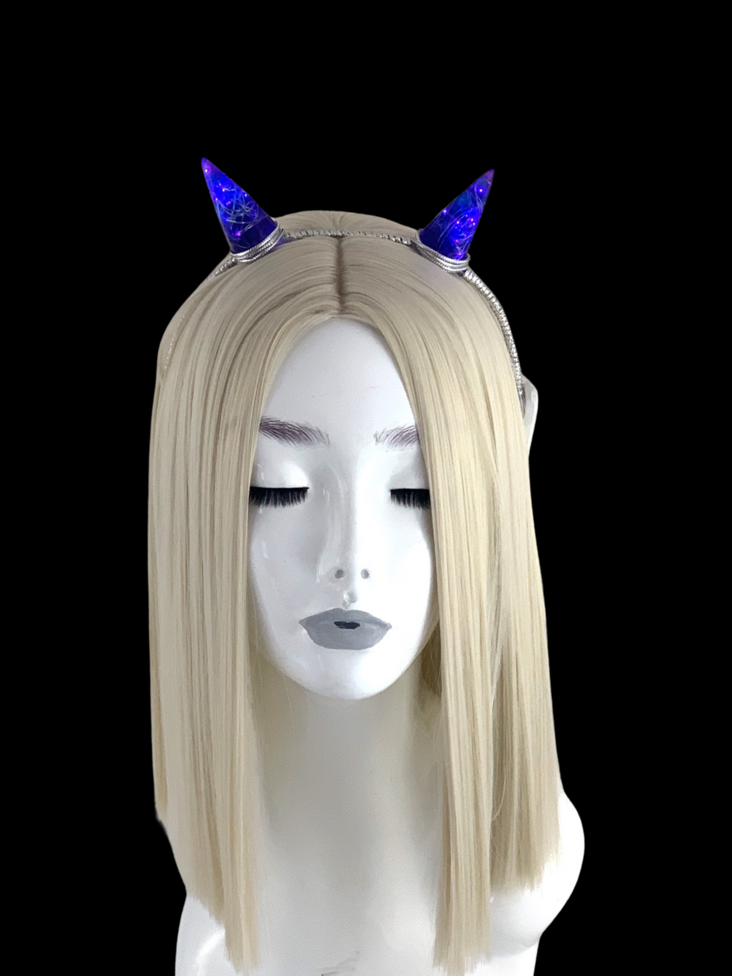 Purple Blue LED Horns Headband wrapped with silver cord, Sorceress