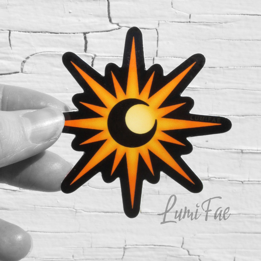 Moon in Sun Sticker, glossy, 2.5”, black outline, Lune Soleil, Eclipse, Crescent Moon Sunburst