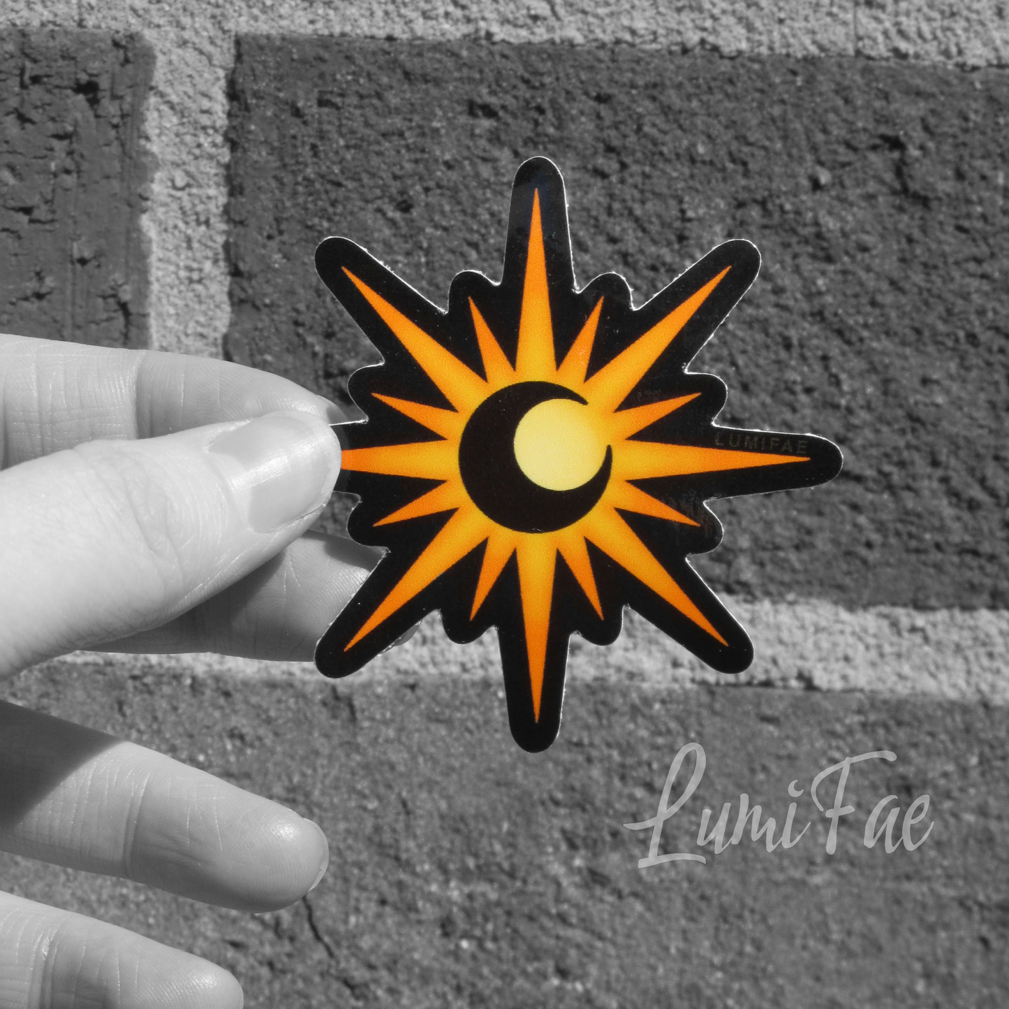 Moon in Sun Sticker, glossy, 2.5”, black outline, Lune Soleil, Eclipse, Crescent Moon Sunburst