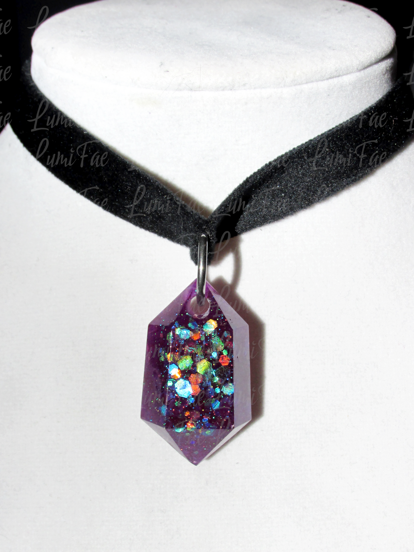 Glitter Filled Deep Purple Gem Pendant on Black Velvet Choker, Adjustable