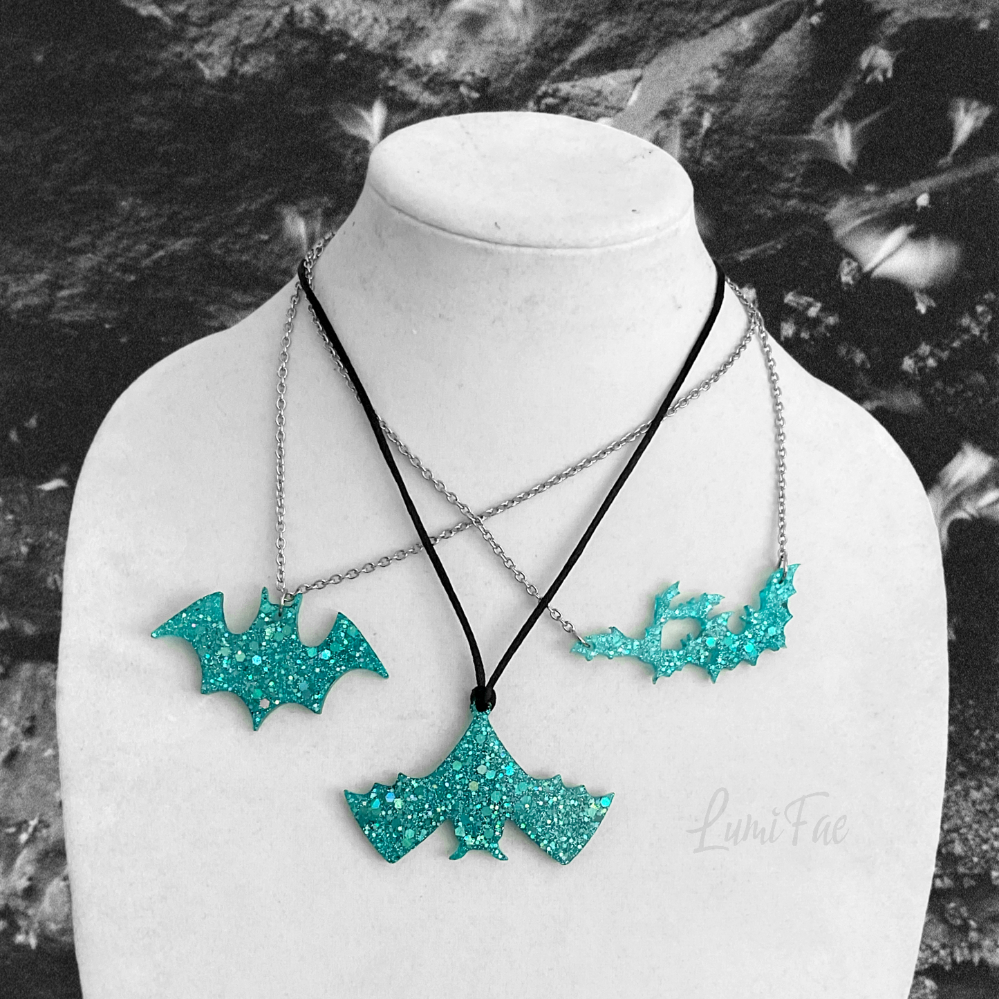 Sparkly Blue Bat Necklace, glitter, aqua, turquoise, pendant, resin, chain