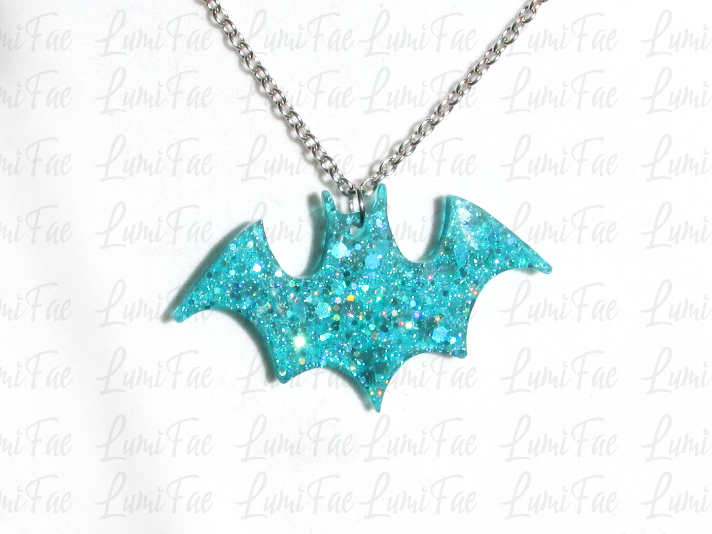 Sparkly Blue Bat Necklace, glitter, aqua, turquoise, pendant, resin, chain