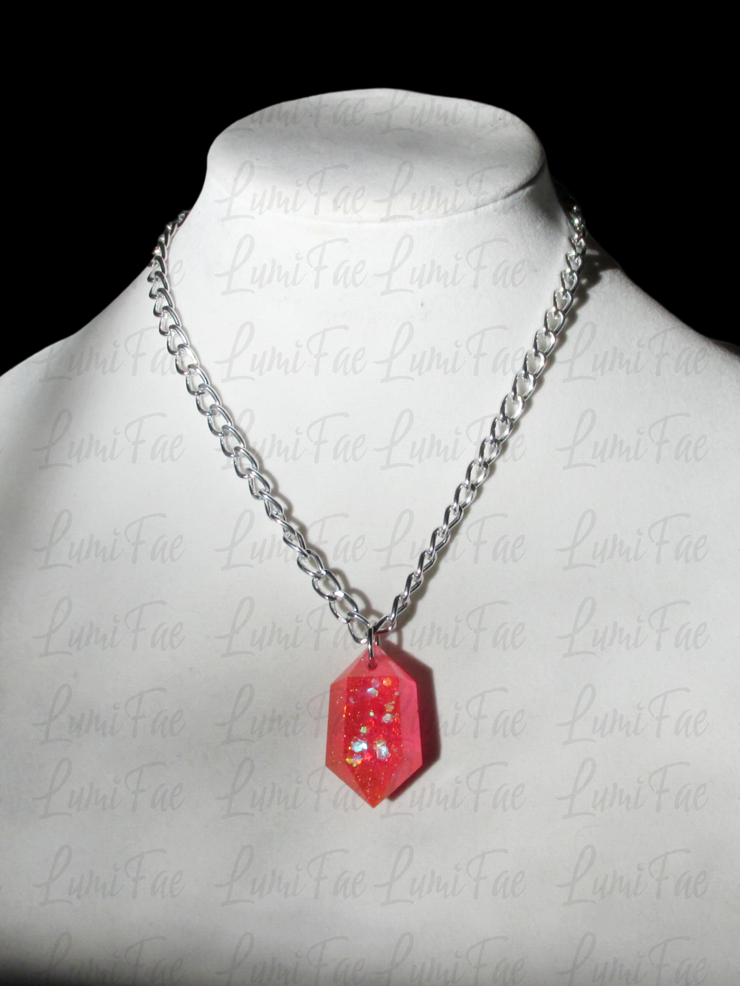 Sparkly Hot Pink Gem Necklace, thick silver aluminum chain, bold, statement pendant