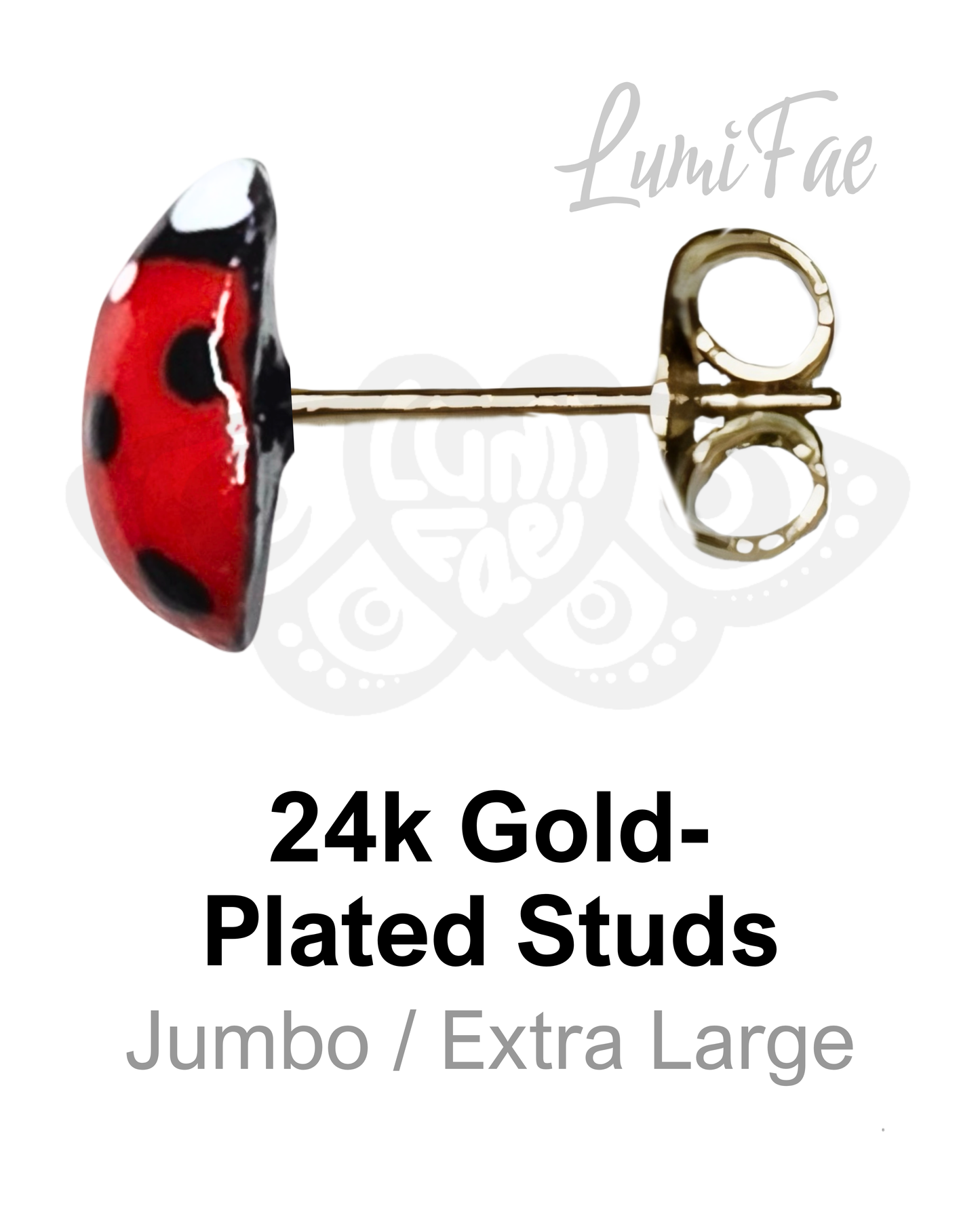 24k gold-plated posts large ladybug earrings on a white background, branded 'LumiFae'.