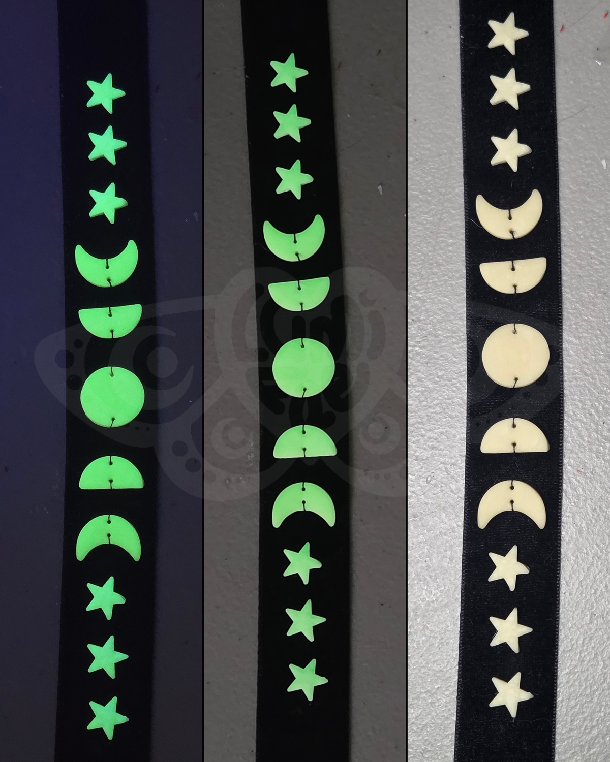 Glow in the Dark Moon Phases Velvet Choker, black, adjustable, handmade - LumiFae