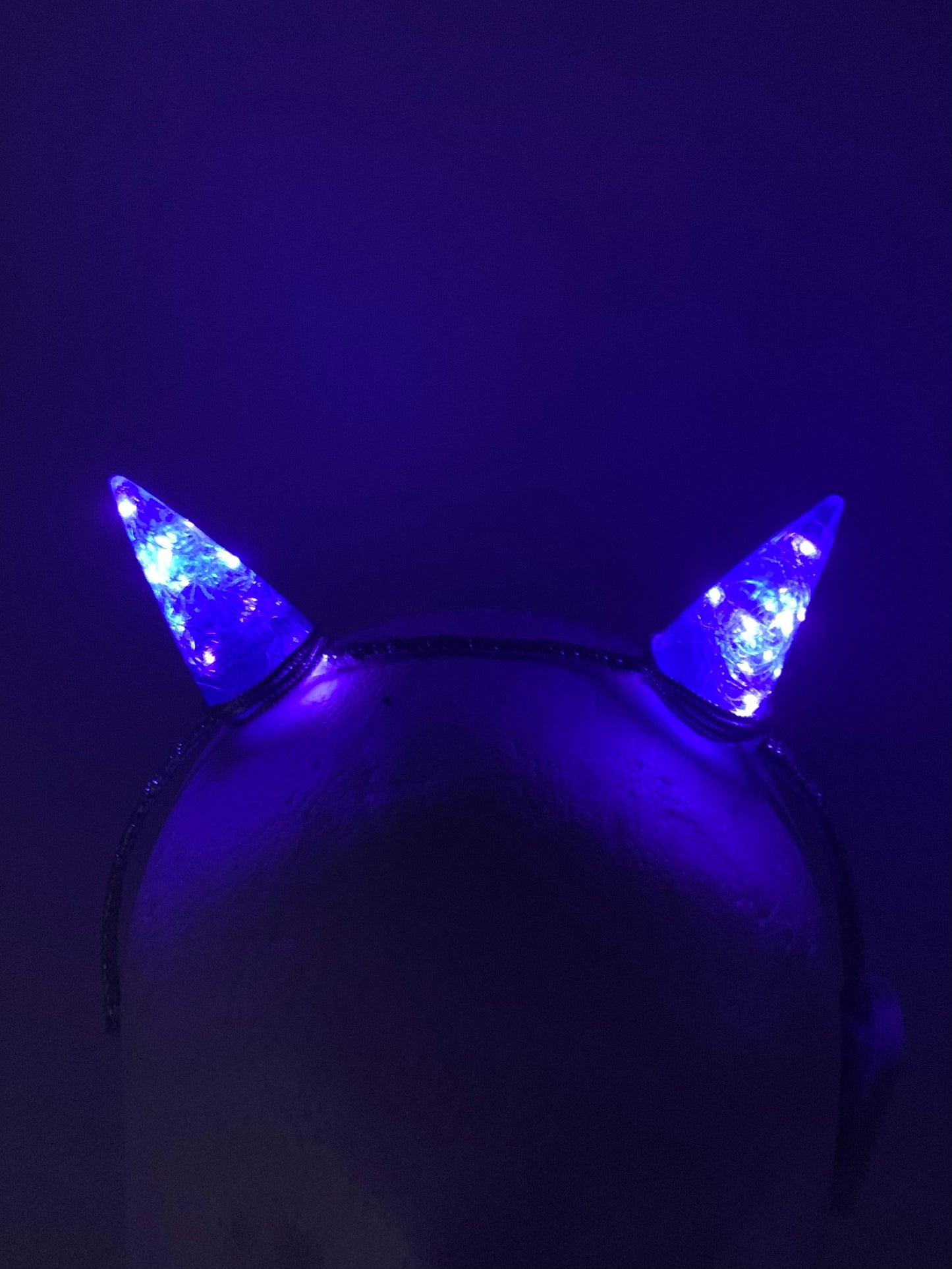 Purple Blue LED Horns Headband wrapped with silver cord, Sorceress