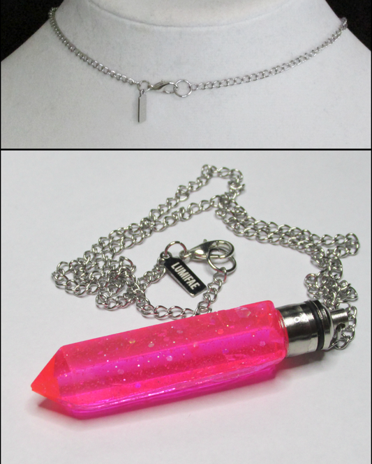 LED Hot Pink Sparkly Crystal Necklace, color-changing: red, pink, purple, stainless steel chain