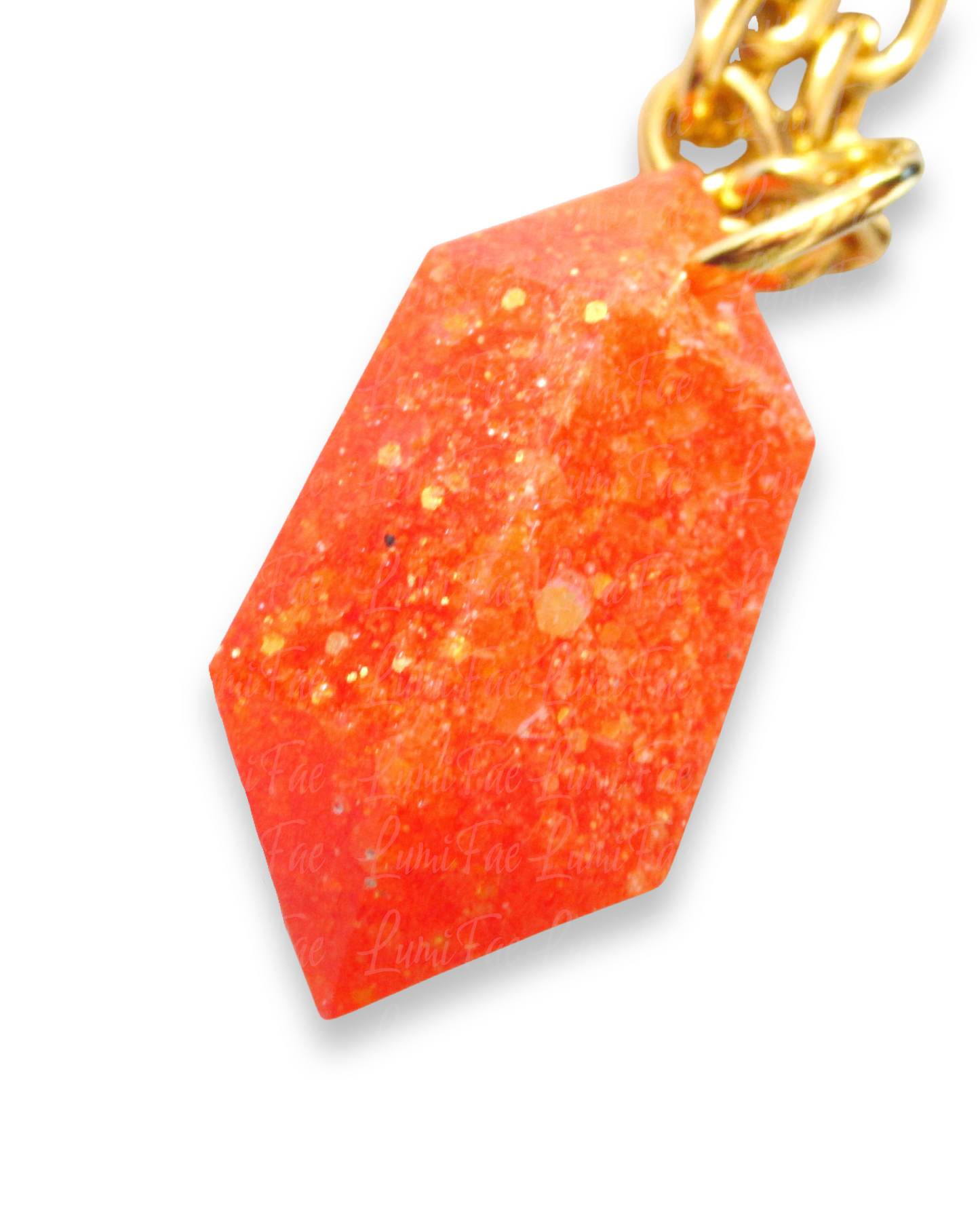 Sparkly Orange Gem Necklace, thick gold aluminum chain, bold, statement pendant