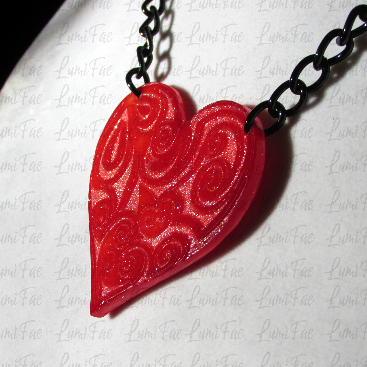 Bold Romantic Red Filigree Heart Necklace on Black Chain