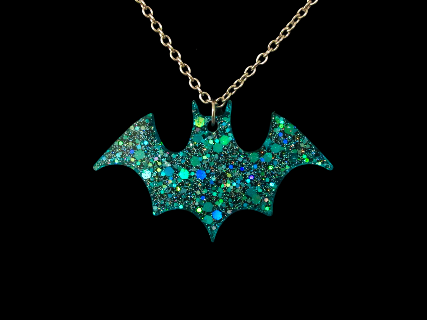 Sparkly Blue Bat Necklace, glitter, aqua, turquoise, pendant, resin, chain