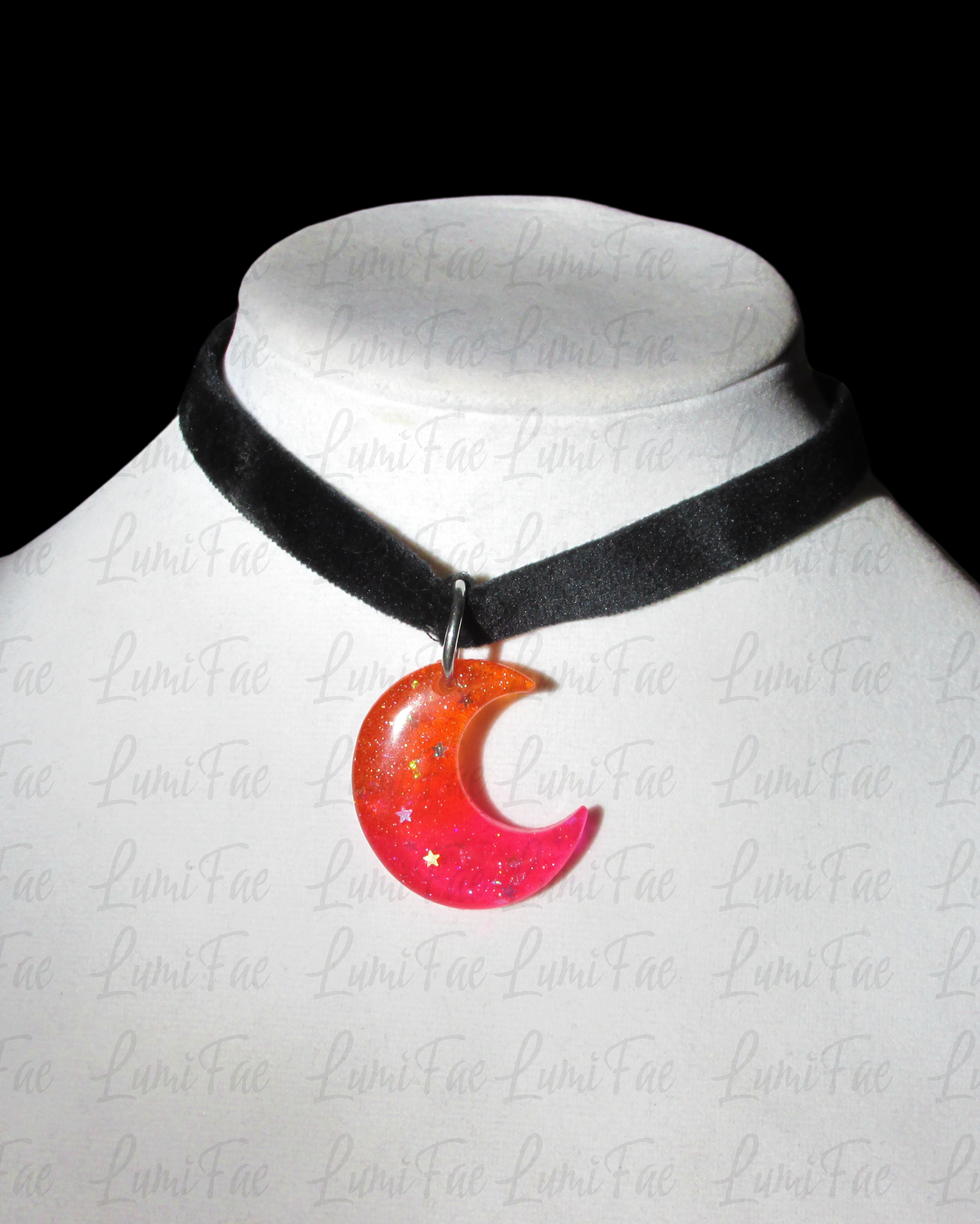 Sunset Moon Pendant on Black Velvet Choker, Orange and Pink with star glitter, adjustable