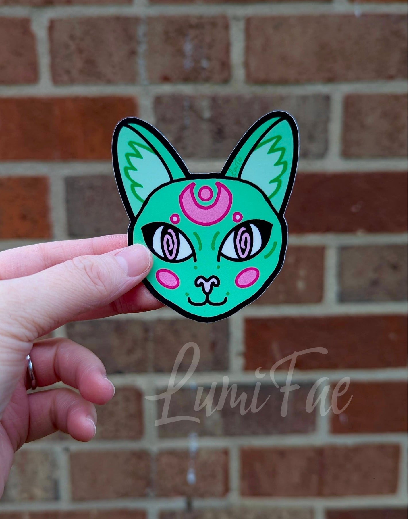 Green Cat Sticker, Hypnotic Celestial Circus Cat Decal, Waterproof, Glossy - LumiFae