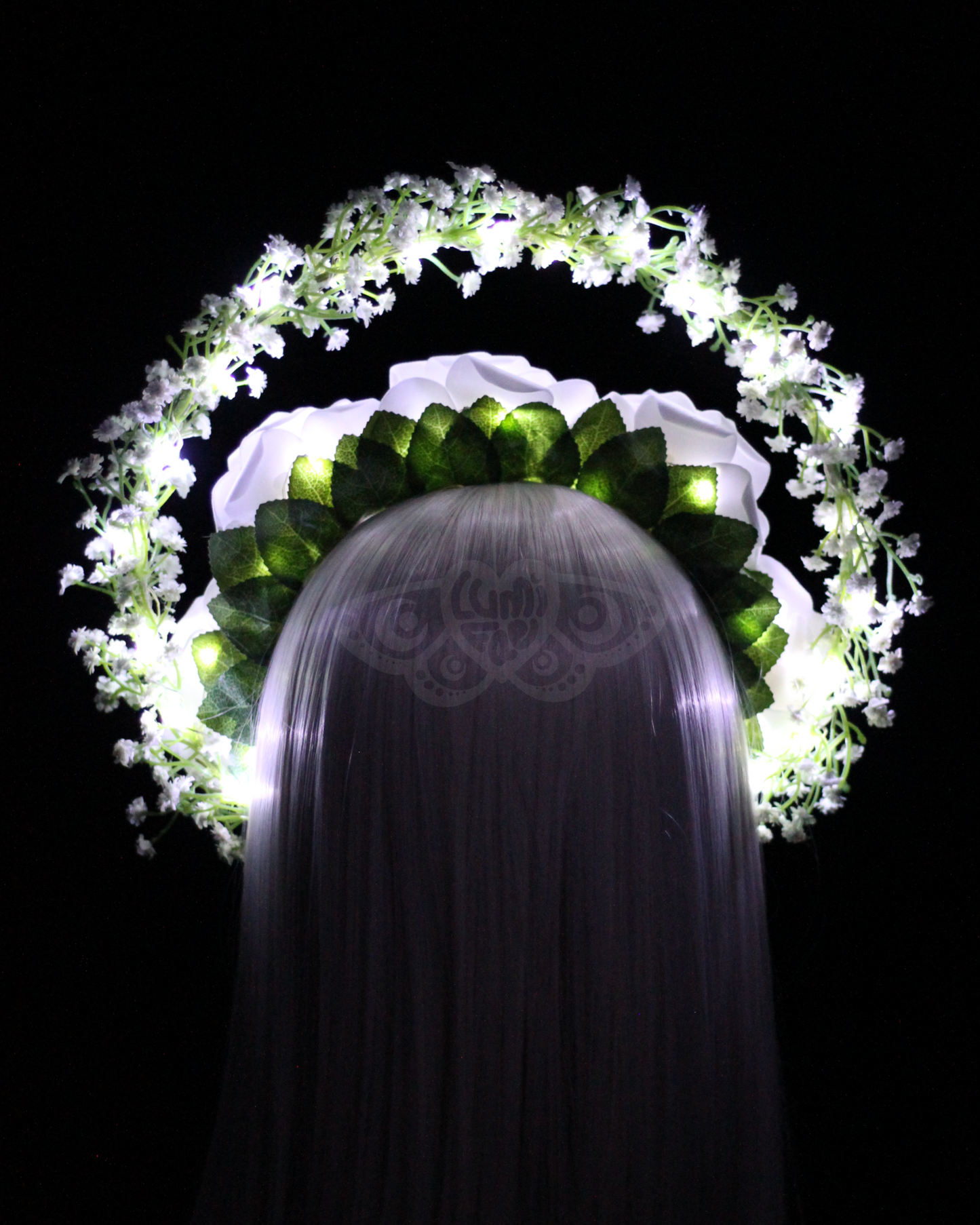 Glowing White Roses and Baby’s Breath Halo, Fairytale Bridal Crown