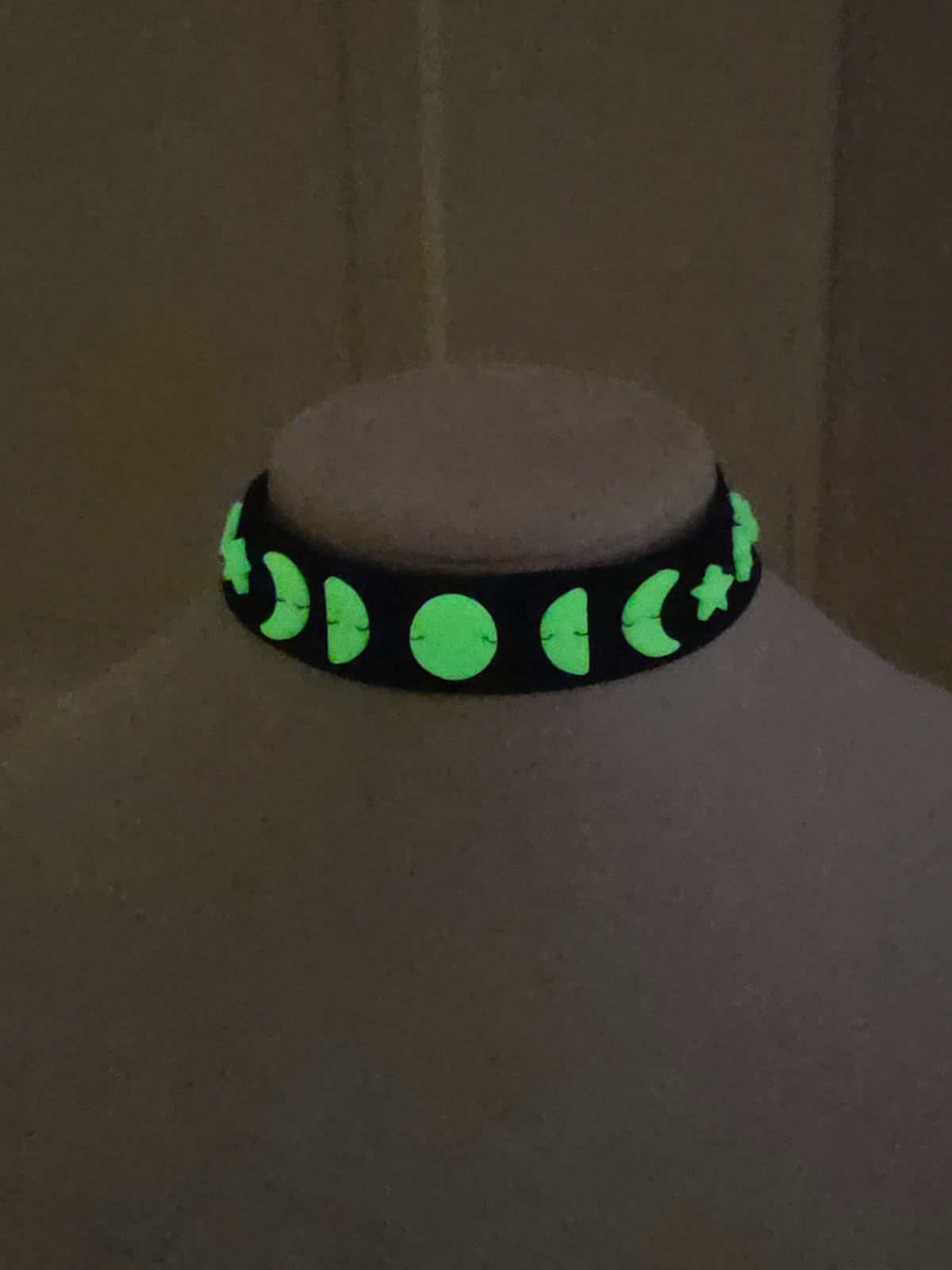 Glow in the Dark Moon Phases Velvet Choker, black, adjustable, handmade - LumiFae