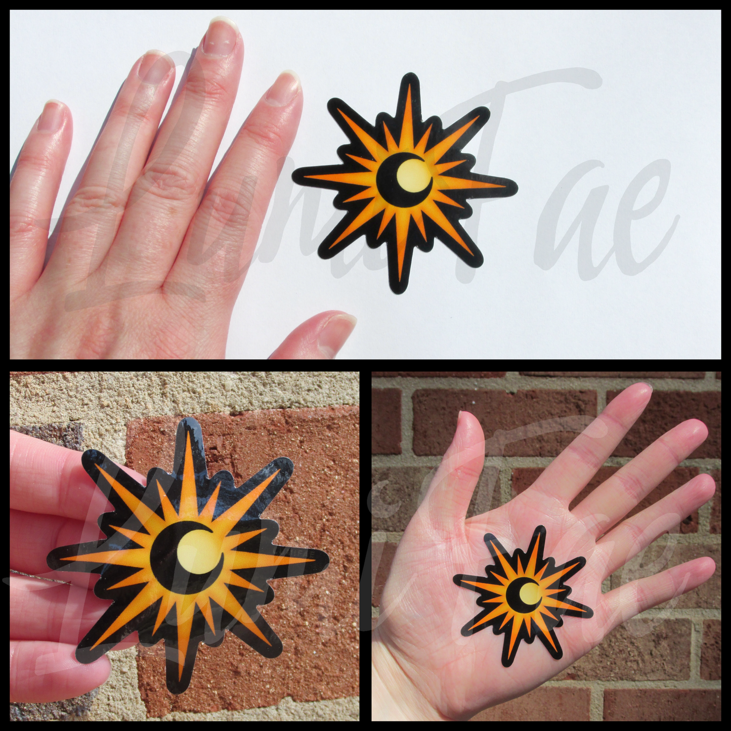 Moon in Sun Sticker, glossy, 2.5”, black outline, Lune Soleil, Eclipse, Crescent Moon Sunburst