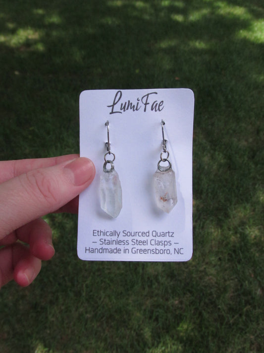 Ethically Sourced Raw Clear Quartz Crystal Earrings on Stainless Steel Lever back Earrings, Natural, Handmade