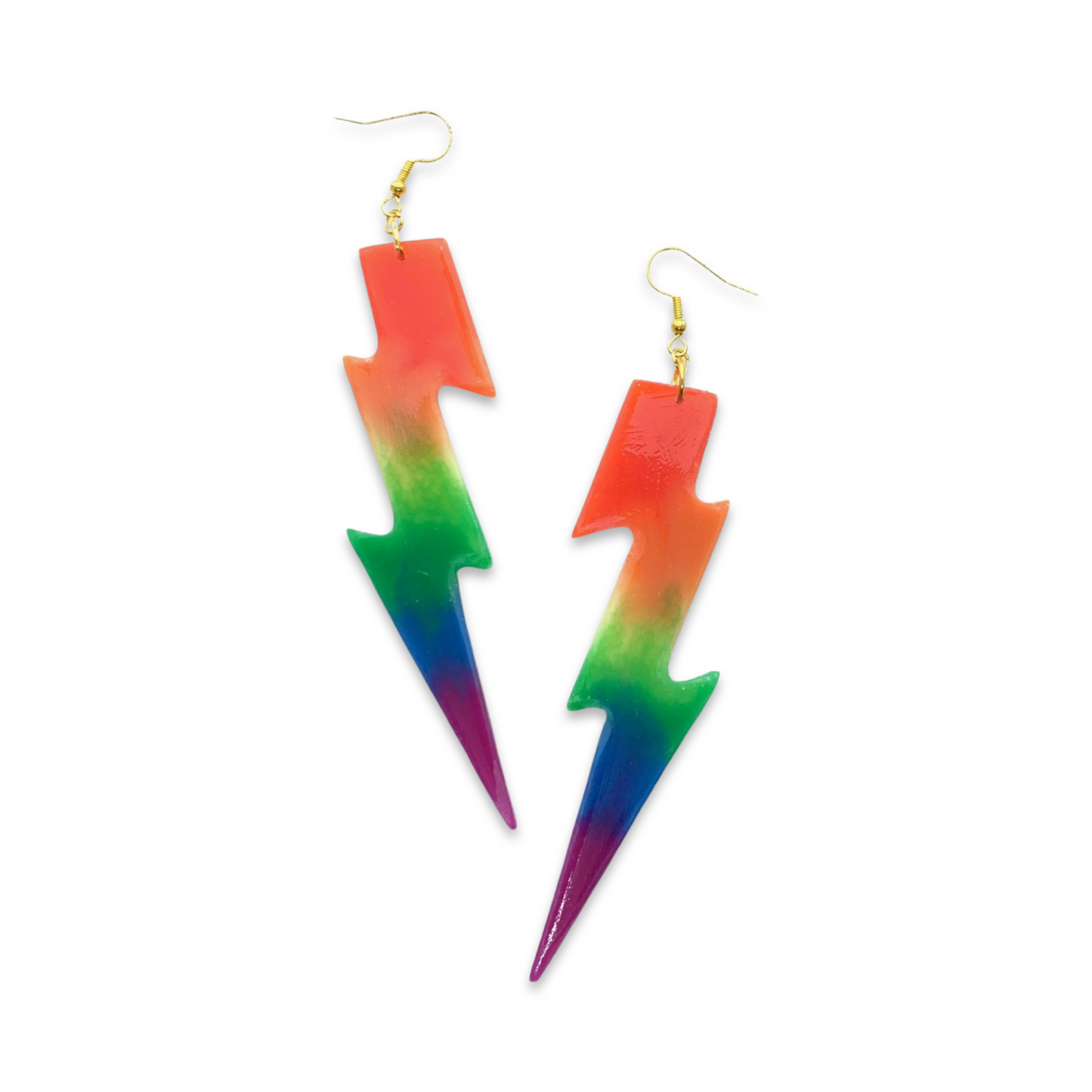 Rainbow Lightning Bolt Earrings, Gold Hooks, 4” statement earrings