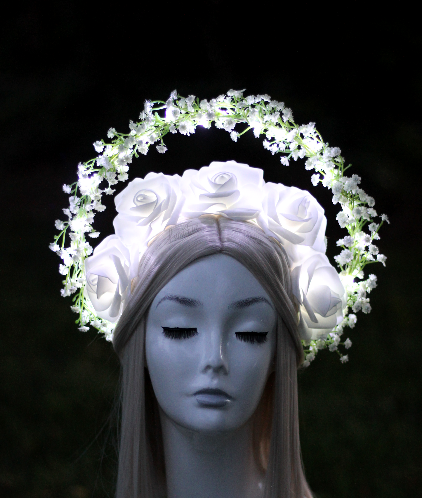 Glowing White Roses and Baby’s Breath Halo, Fairytale Bridal Crown
