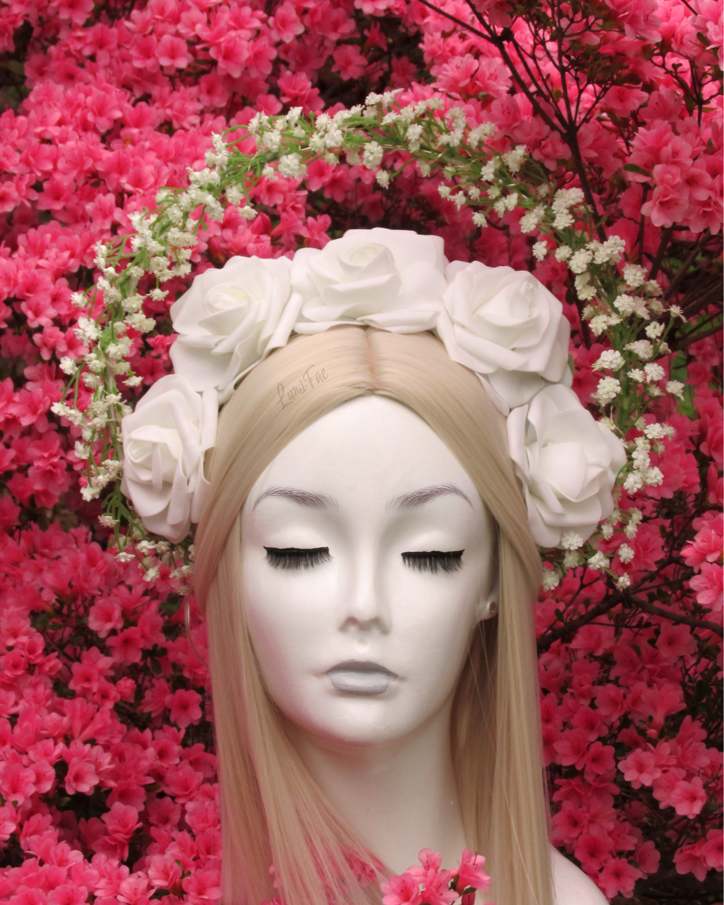 Glowing White Roses and Baby’s Breath Halo, Fairytale Bridal Crown