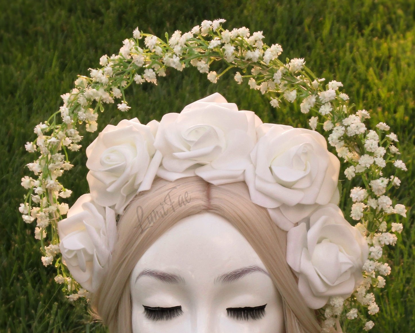 Glowing White Roses and Baby’s Breath Halo, Fairytale Bridal Crown