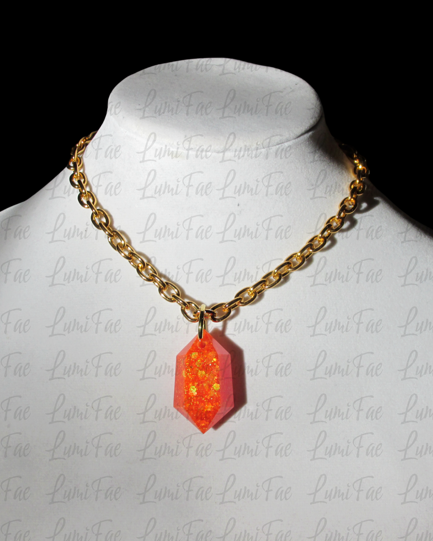 Sparkly Orange Gem Necklace, thick gold aluminum chain, bold, statement pendant