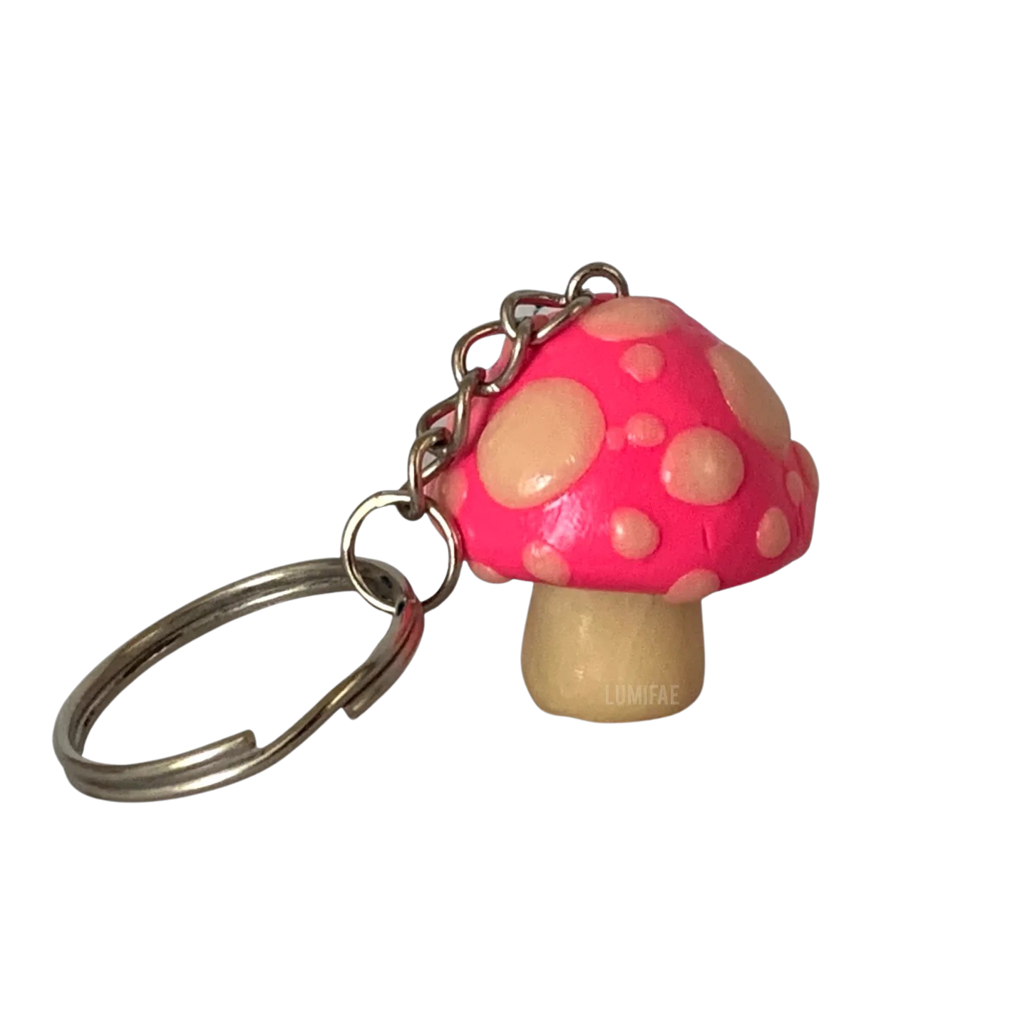 Bright Pink and Glow-in-the-Dark Spotted Mushroom Keychains, cute, cartoon, stylized, Blacklight, UV reactive, glow