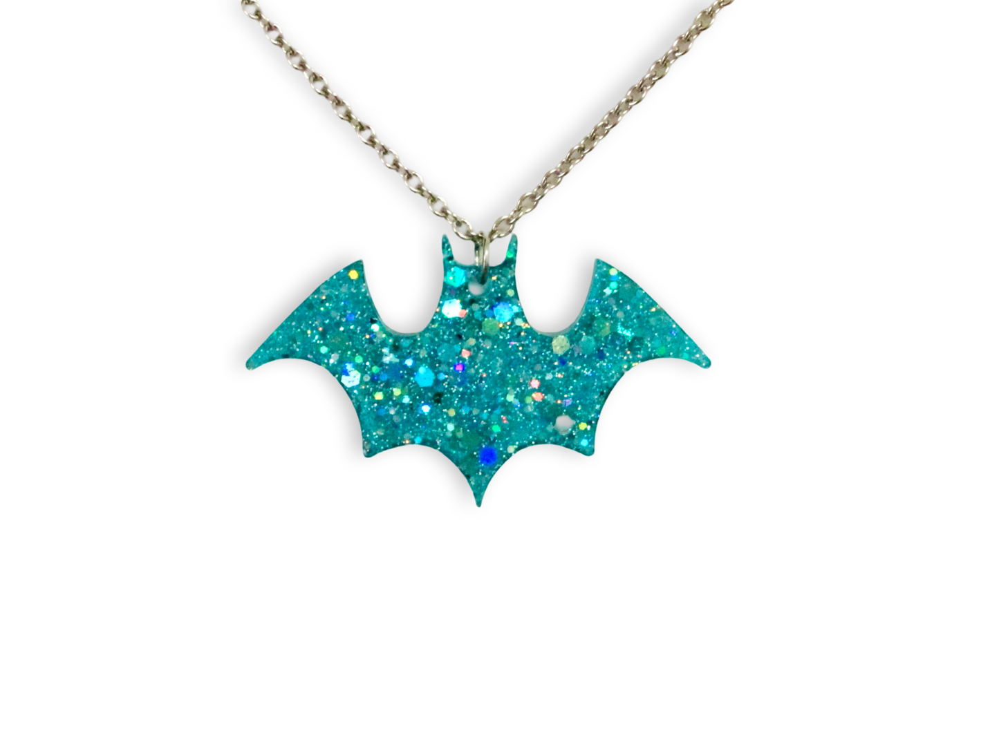 Sparkly Blue Bat Necklace, glitter, aqua, turquoise, pendant, resin, chain