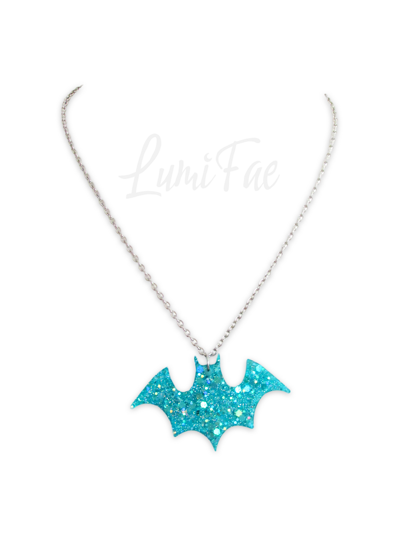 Sparkly Blue Bat Necklace, glitter, aqua, turquoise, pendant, resin, chain