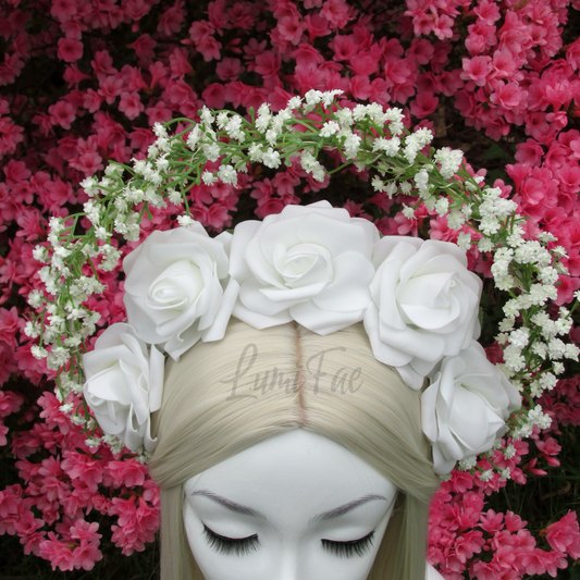 Glowing White Roses and Baby’s Breath Halo, Fairytale Bridal Crown