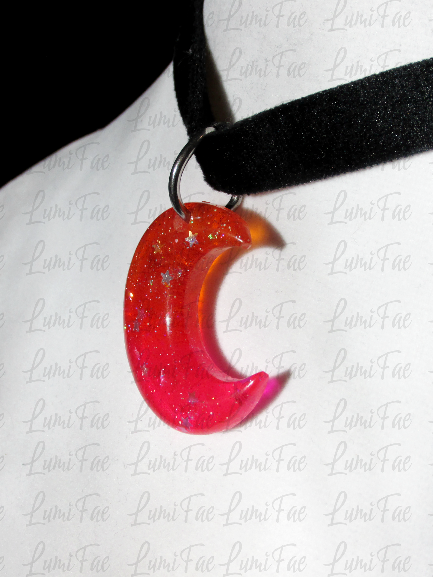 Sunset Moon Pendant on Black Velvet Choker, Orange and Pink with star glitter, adjustable