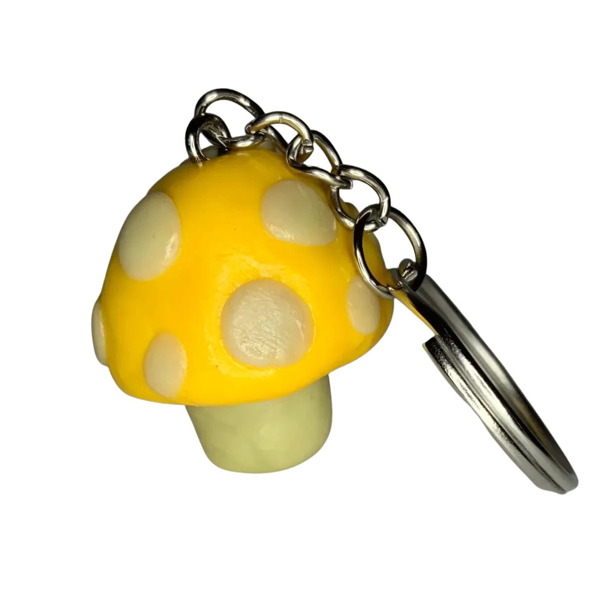 Lemon Yellow and Glow-in-the-Dark Spotted Mushroom Keychains, cute, cartoon, stylized, Blacklight, UV reactive, glow