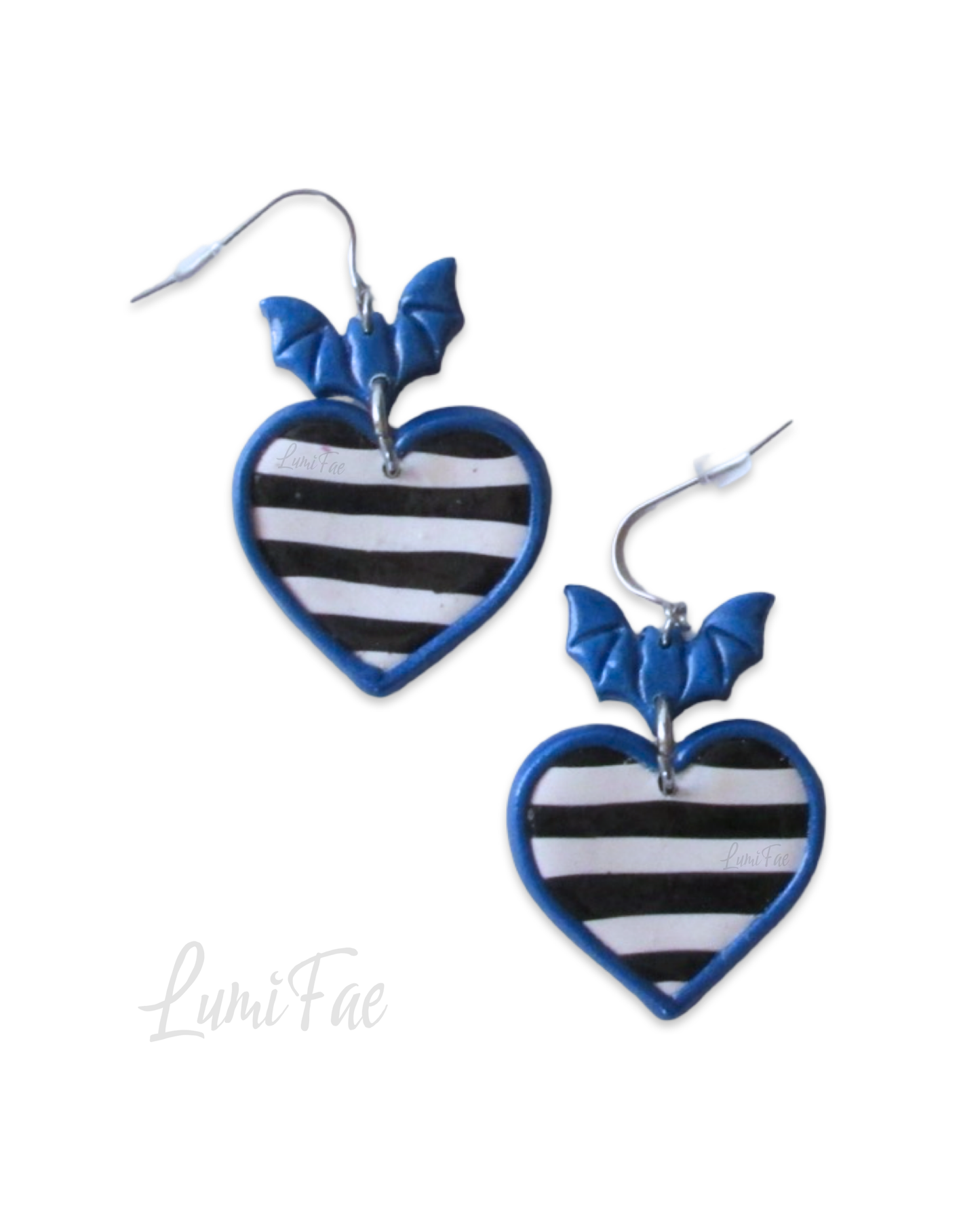 Striped Heart Bat Earrings Black and White with Blue