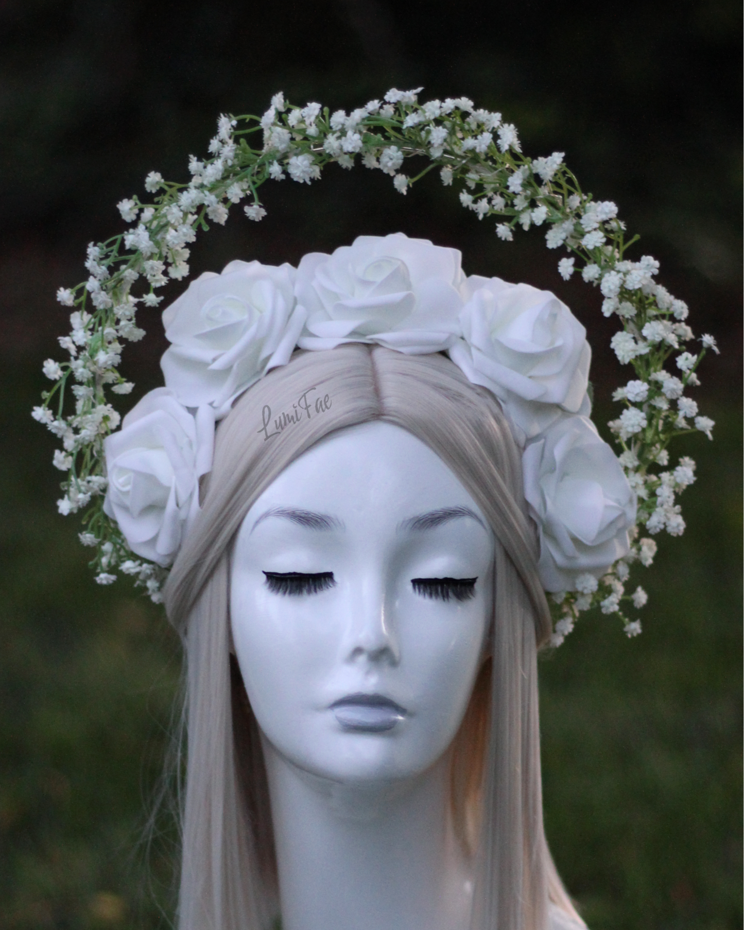 Glowing White Roses and Baby’s Breath Halo, Fairytale Bridal Crown