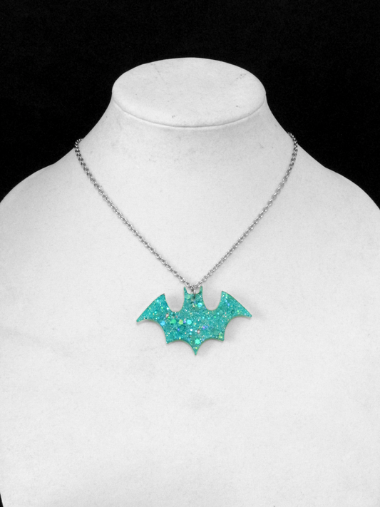 Sparkly Blue Bat Necklace, glitter, aqua, turquoise, pendant, resin, chain