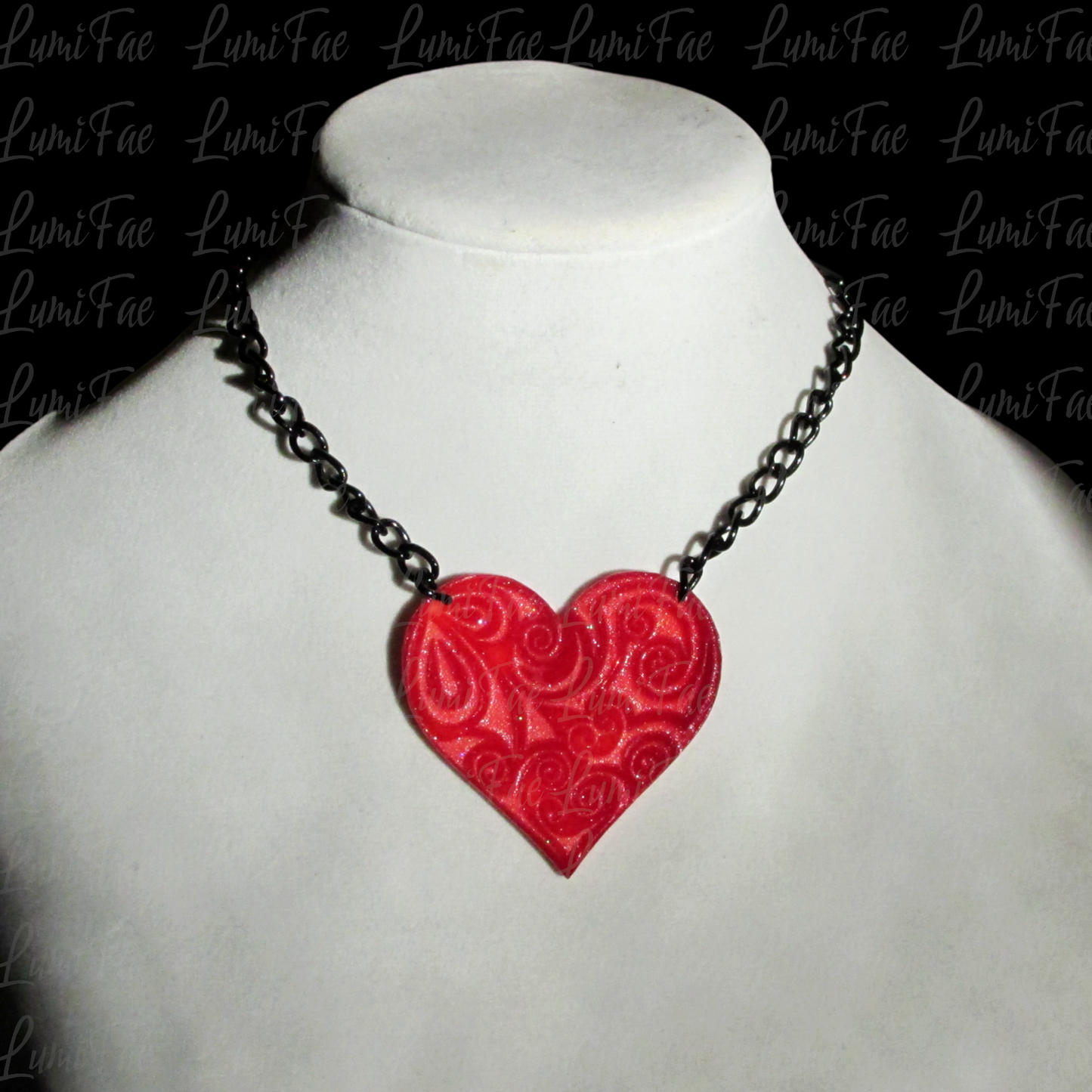 Bold Romantic Red Filigree Heart Necklace on Black Chain