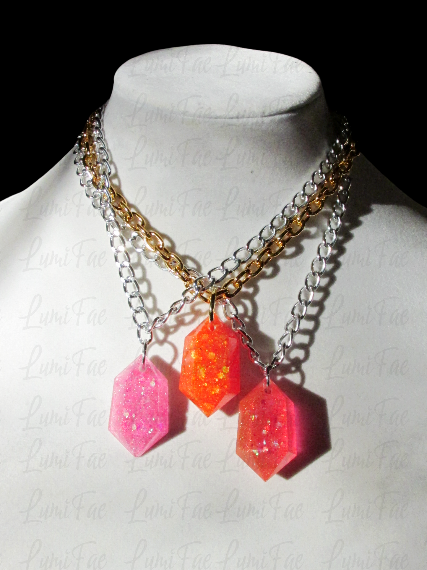 Sparkly Hot Pink Gem Necklace, thick silver aluminum chain, bold, statement pendant