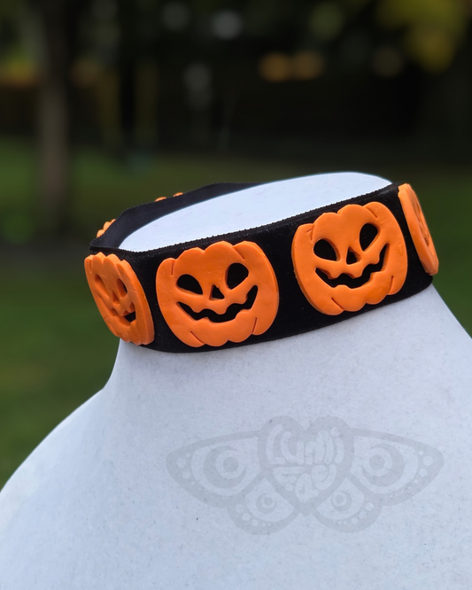 Halloween Choker Necklace - Velvet, Black, Wide, Jack-o-Lantern, Handmade - LumiFae