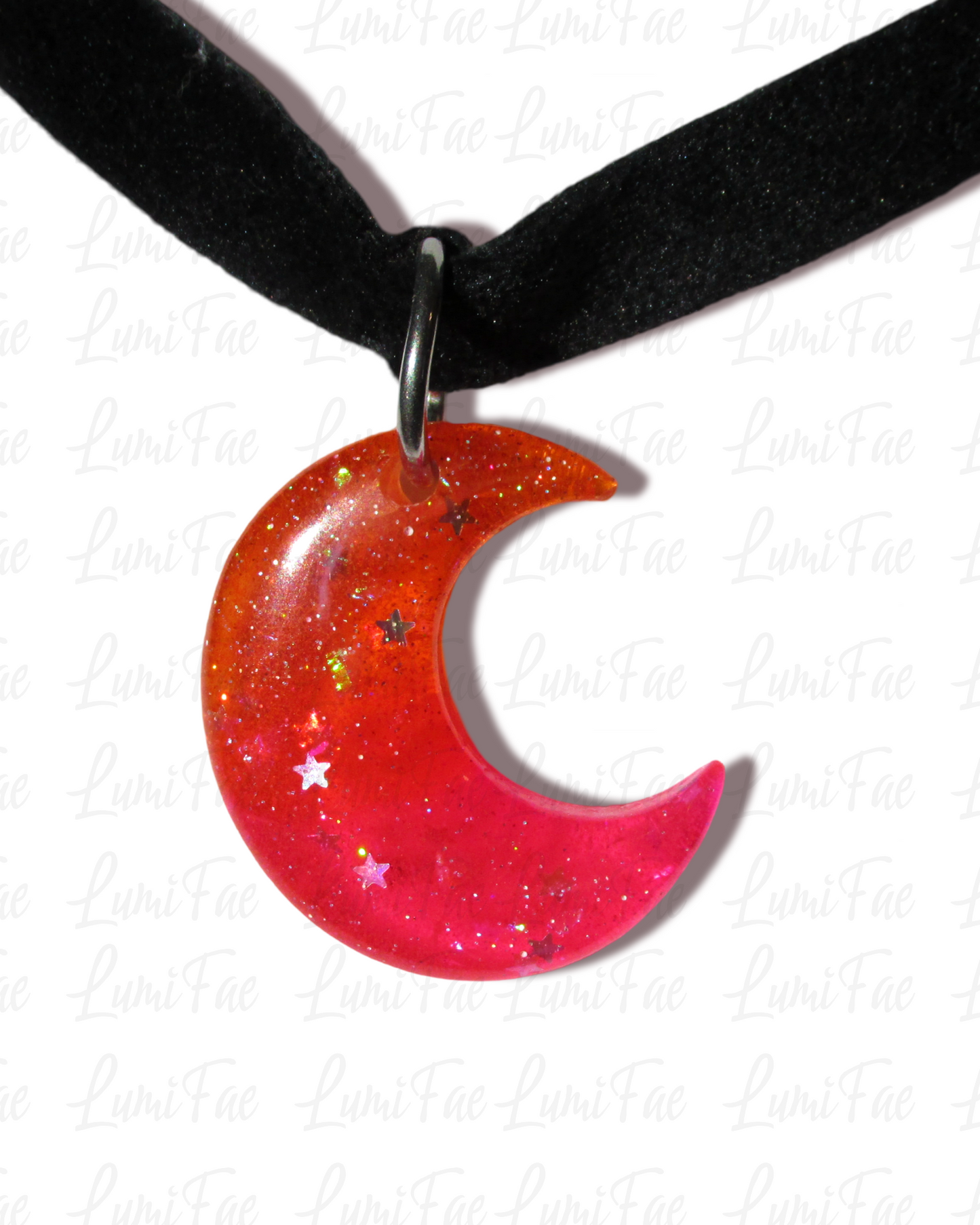 Sunset Moon Pendant on Black Velvet Choker, Orange and Pink with star glitter, adjustable